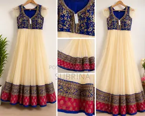 Elegant Cream Royal Blue Embroidered Anarkali Dress for Eid