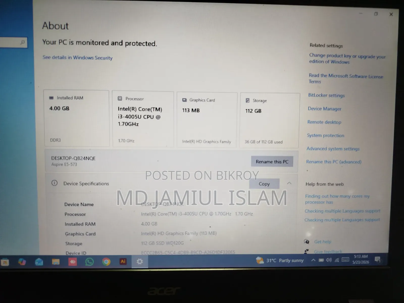 ল্যাপটপ Acer Aspire E5-573 4GB Intel Core I3 HDD+SSD 128GB