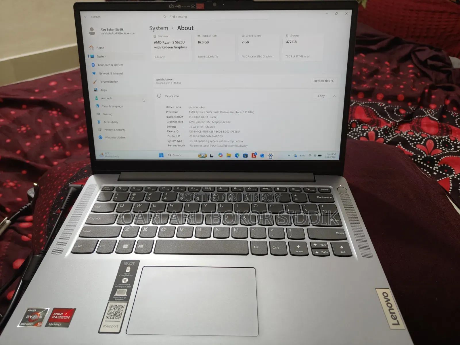 ল্যাপটপ Lenovo Ideapad 3 16GB AMD Ryzen 5 HDD+SSD 512GB