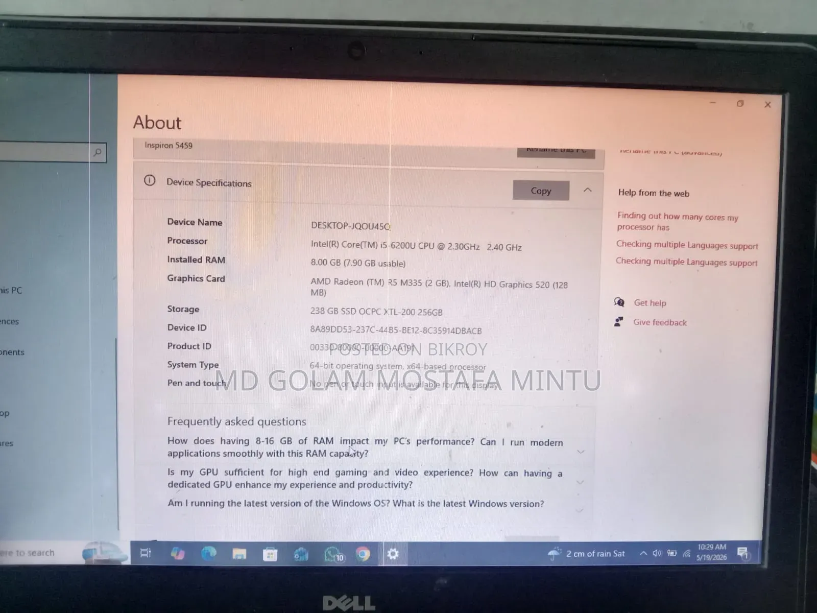 Laptop Dell Inspiron 15 8GB Intel Core I5 SSD 256GB