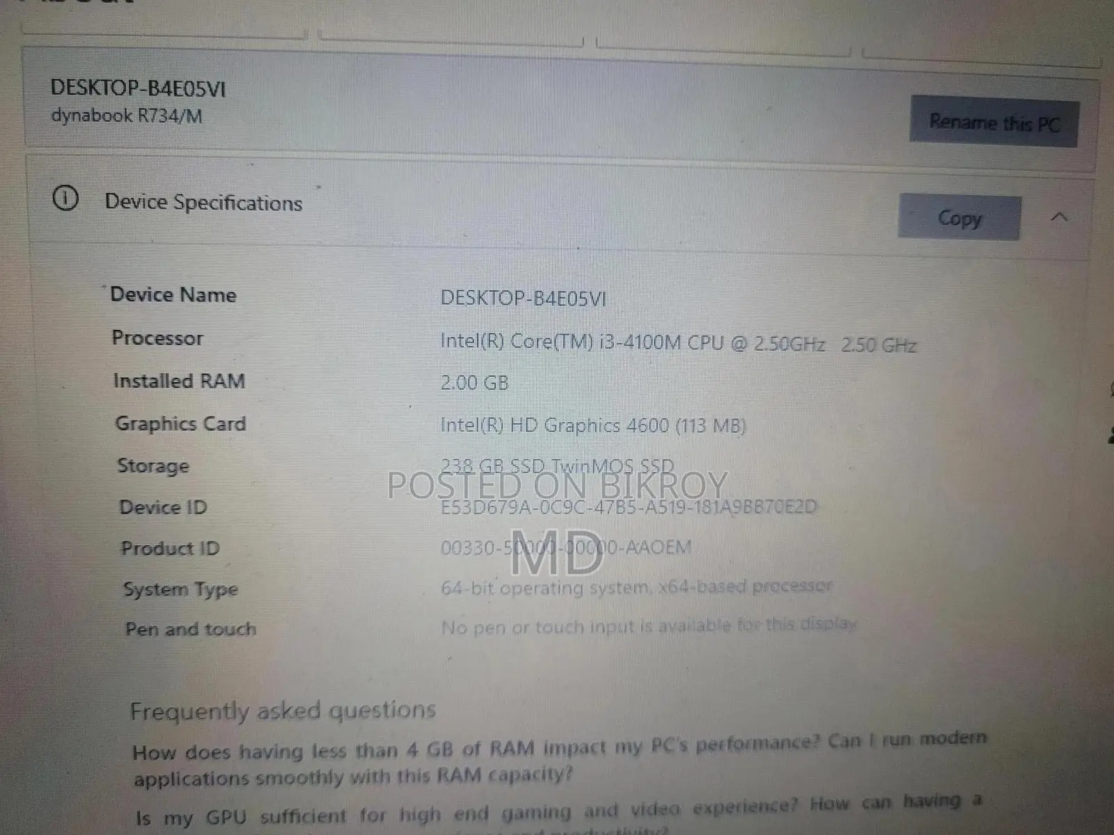 Laptop Toshiba Dynabook R634/M 2GB Intel Core I3 SSD 256GB