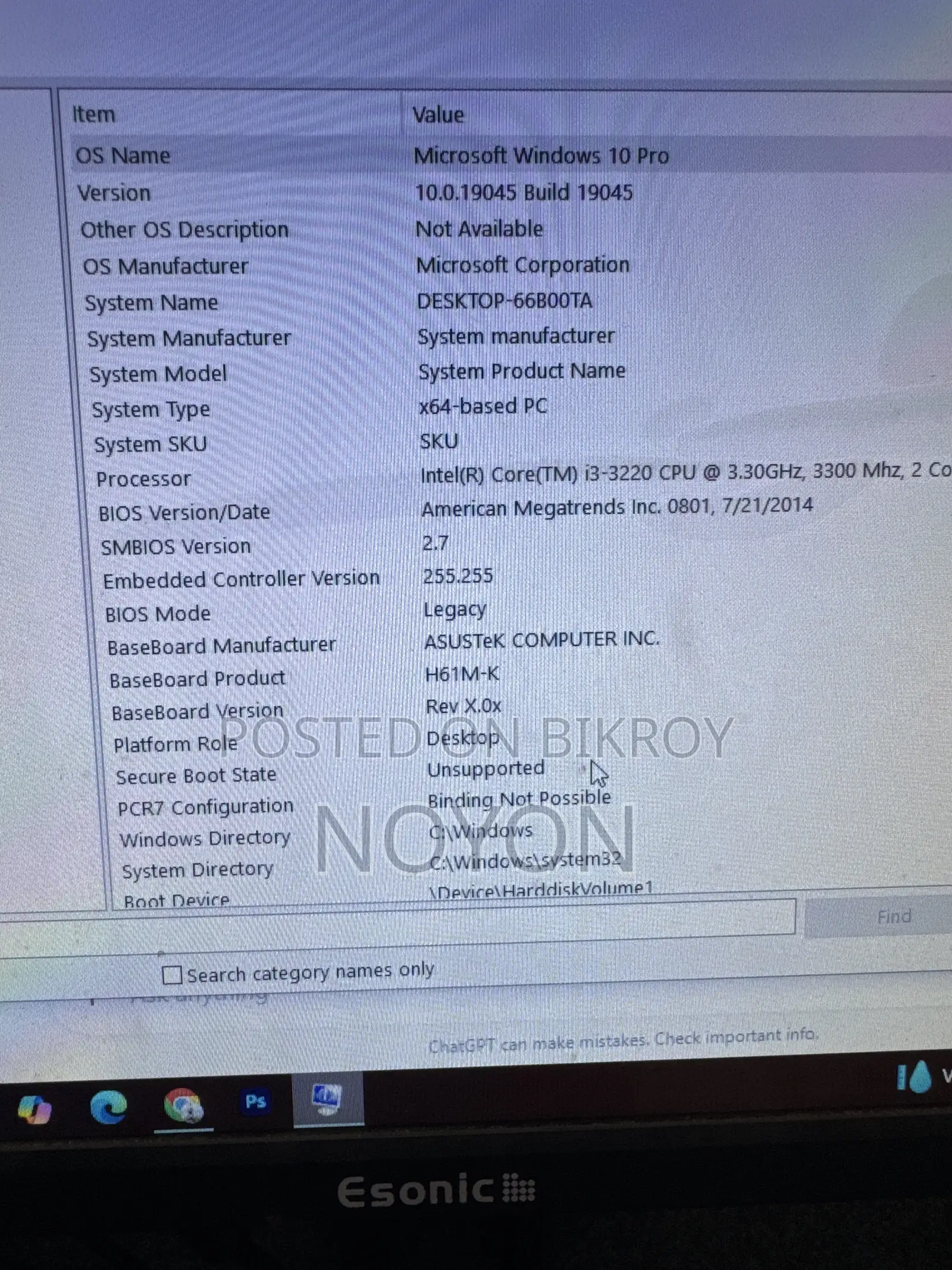 Desktop Computer Asus 8GB Intel Core I3 SSD 256GB