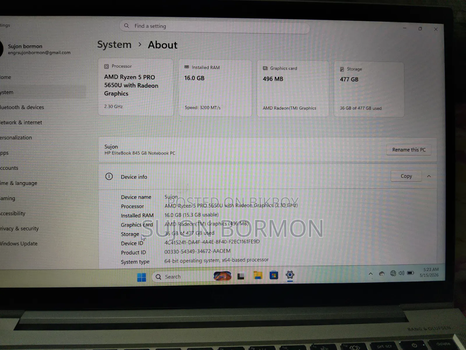 Laptop HP EliteBook 845 G8 16GB AMD Ryzen 5 SSD 512GB