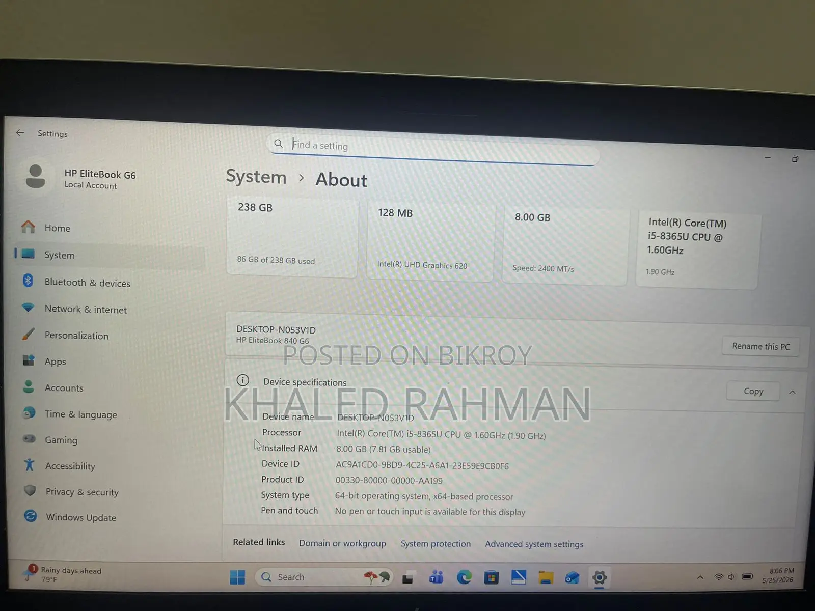 Laptop HP EliteBook 840 G6 8GB Intel Core I5 SSD 256GB