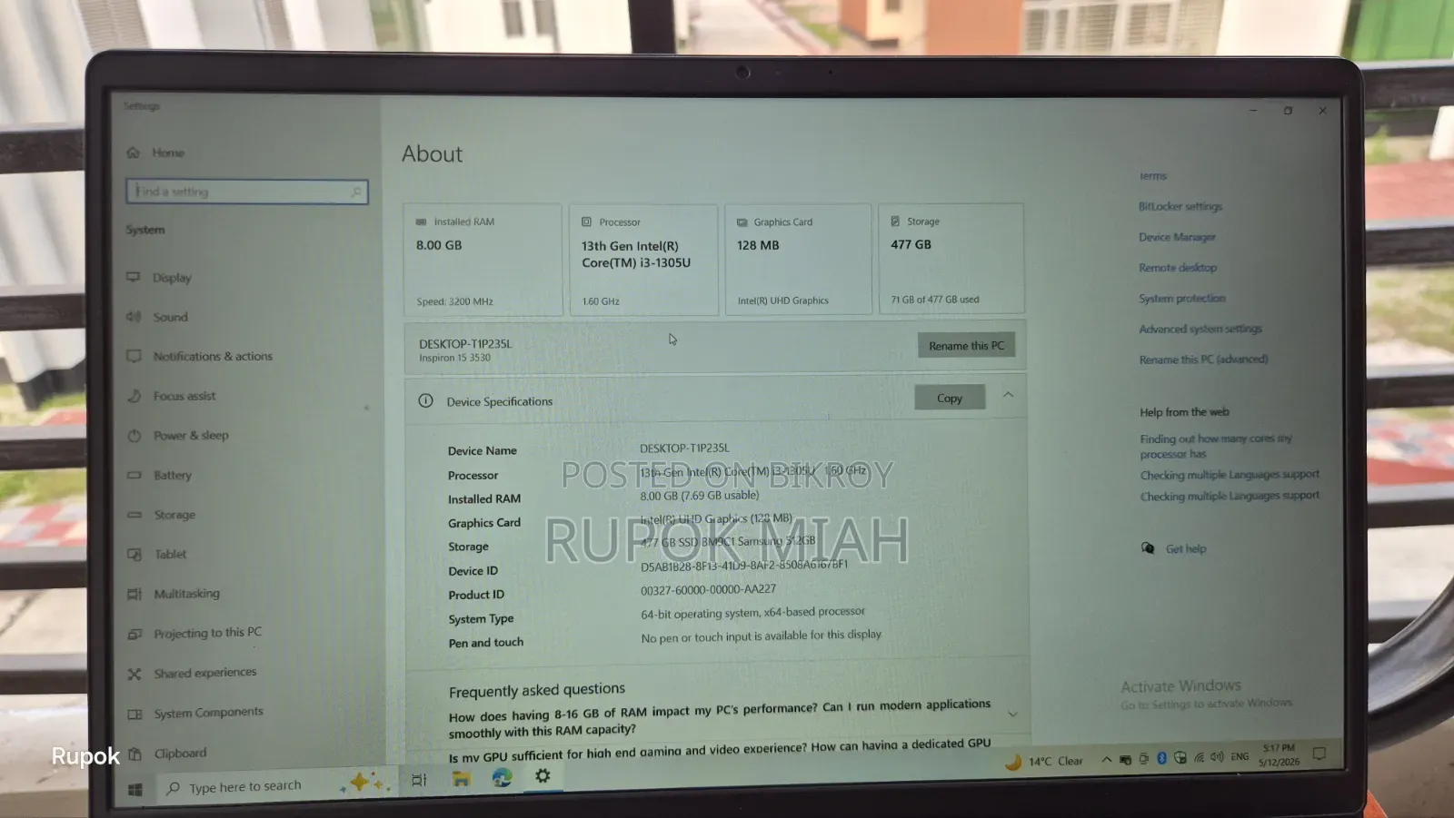 Laptop Dell Inspiron 15 8GB Intel Core I3 SSD 512GB