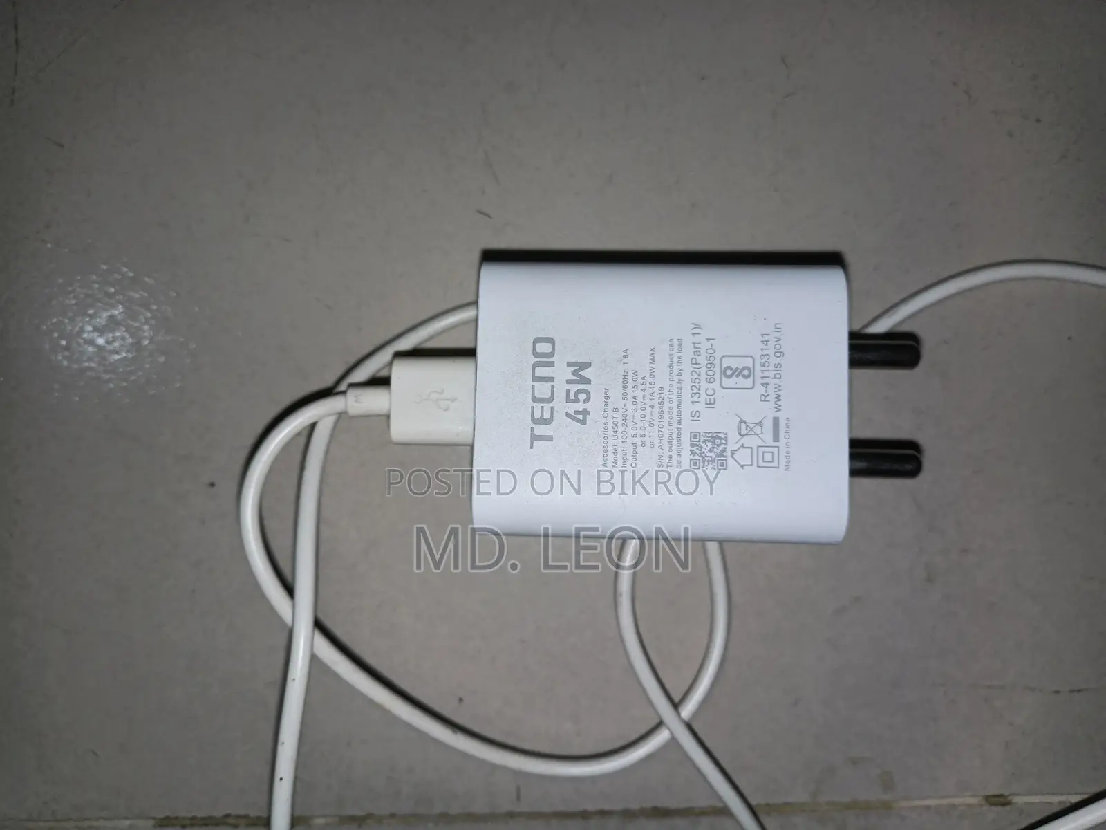 For Sale: Tecno Original 45w Fast Charger + Usb Cable