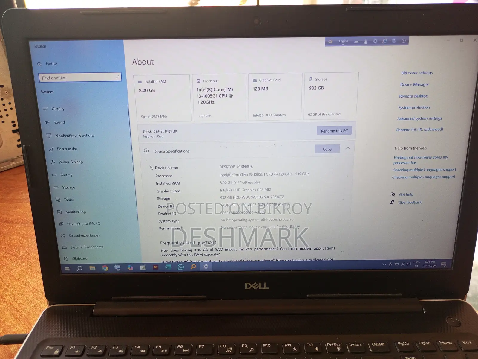 Laptop Dell Inspiron 15 3593 8GB Intel Core I3 HDD 1TB