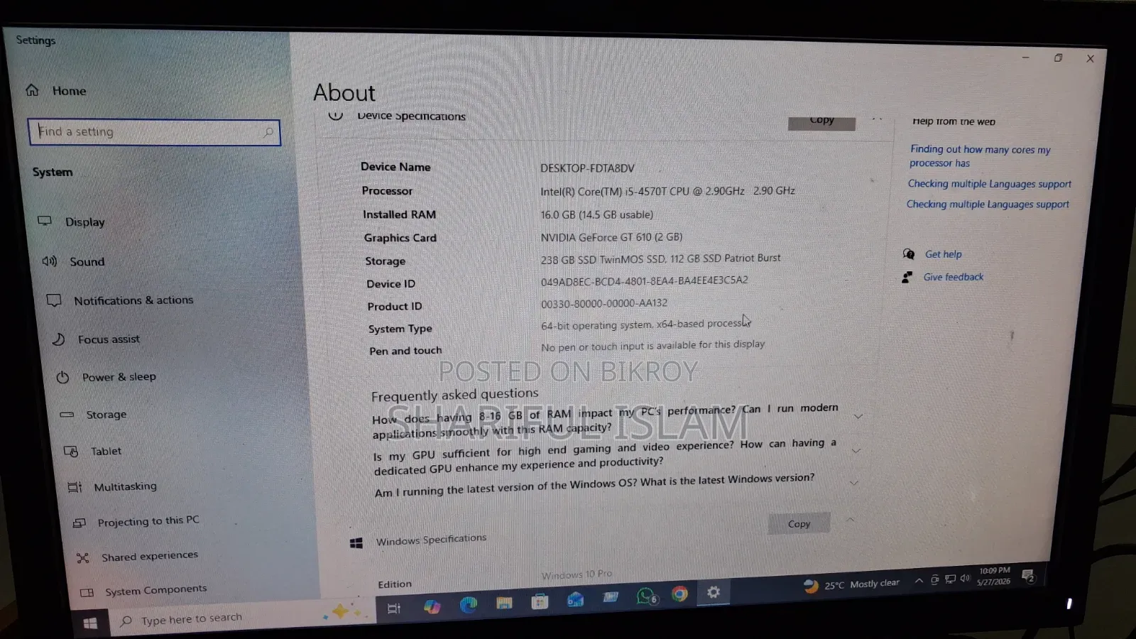 ডেস্কটপ কম্পিউটার Asus ১৬জিবি Intel Core I5 SSD ৩৫০জিবি