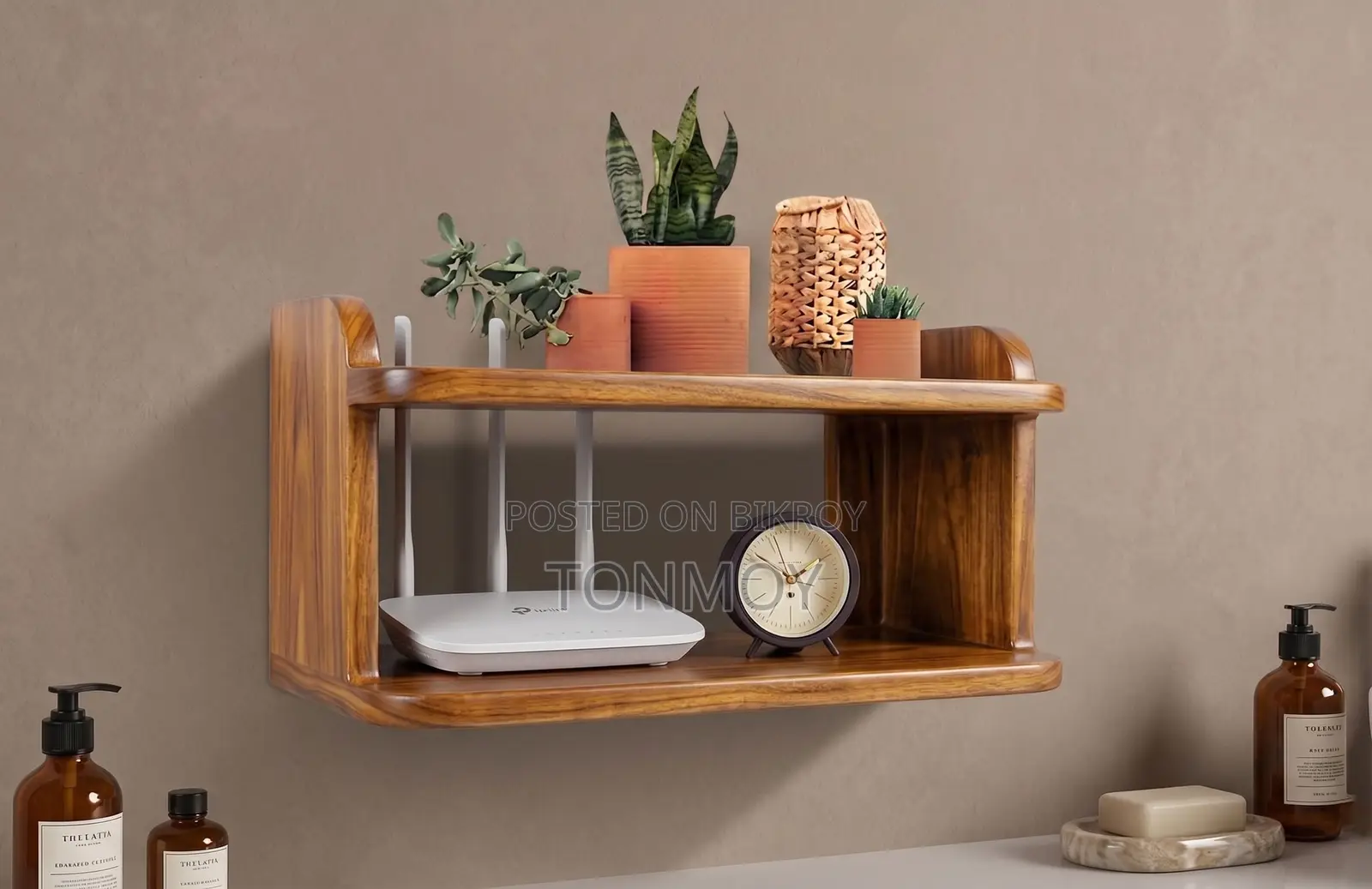 Router wall shelf made of solid mahogany wood