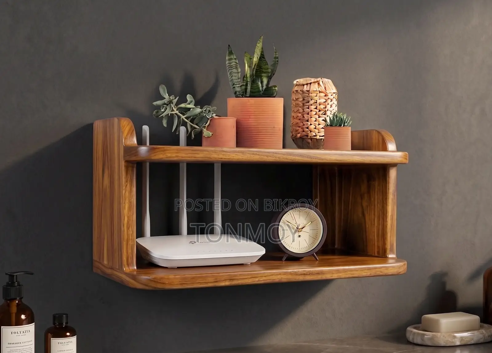 Router wall shelf made of solid mahogany wood