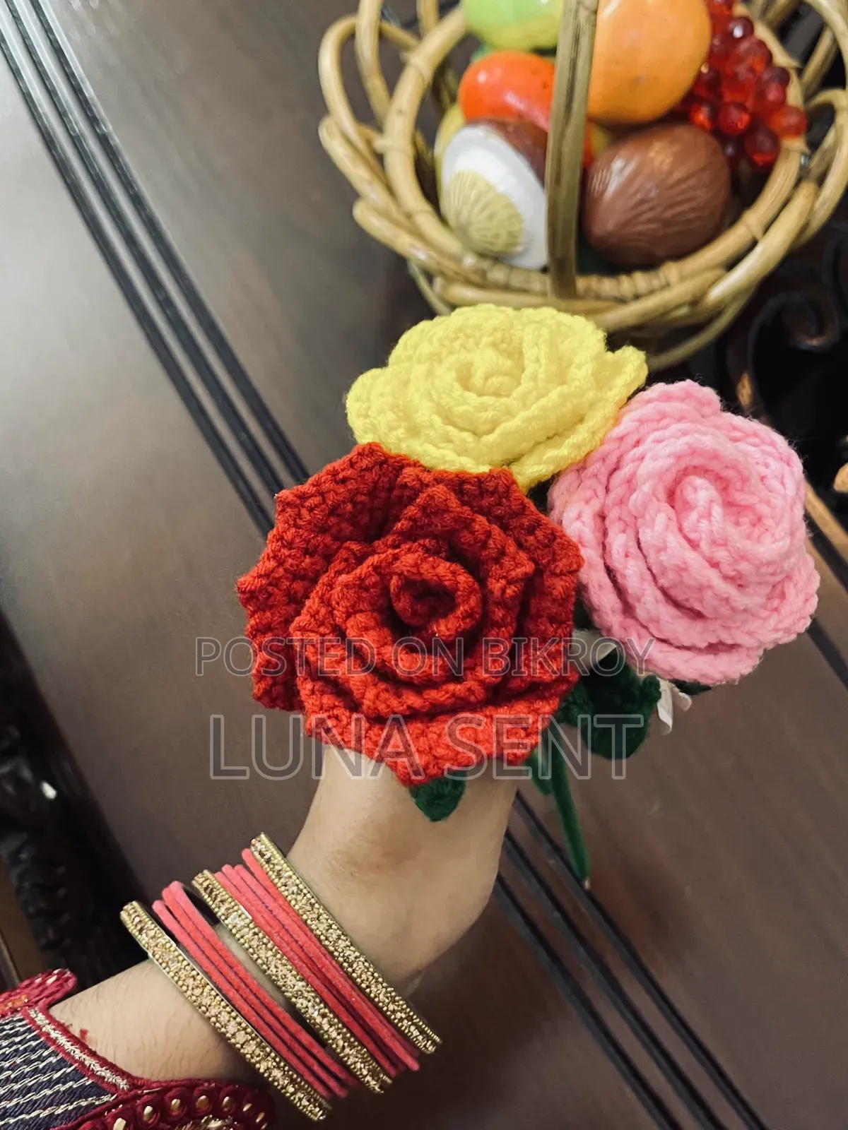 Crochet Rose Flower Bouquet, Flower Stick and Coaster.