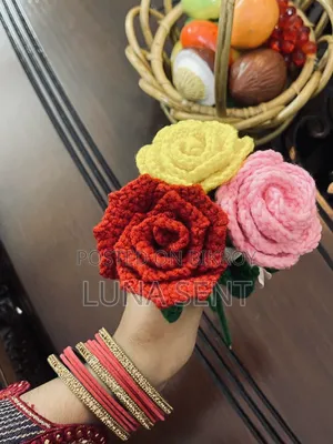 Crochet Rose Flower Bouquet, Flower Stick and Coaster.