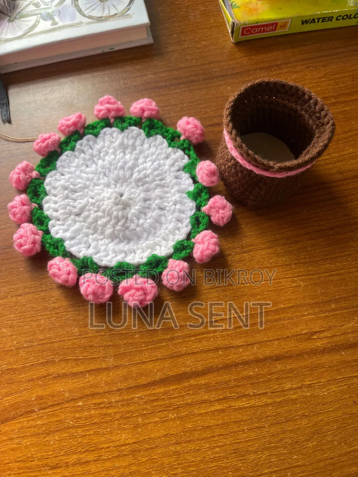 Crochet Rose Flower Bouquet, Flower Stick and Coaster.