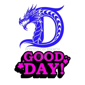 Dragon Power 'good Day' Graphic - Blue Pink Fantasy Logo Design