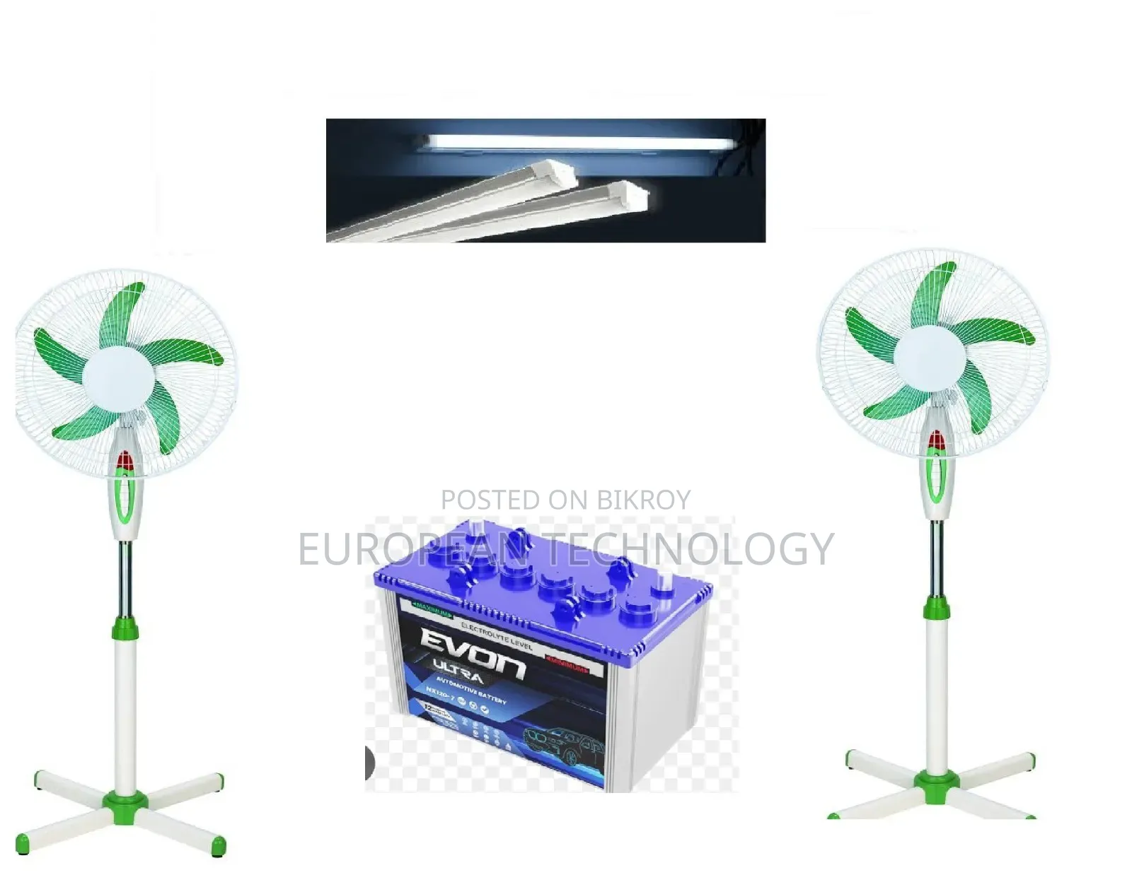 One stand fan, four lights, will run for 15 hours