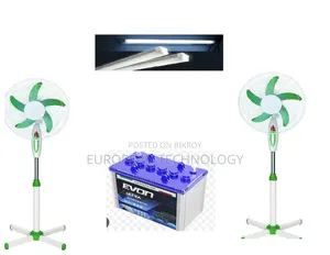 One stand fan, four lights, will run for 15 hours