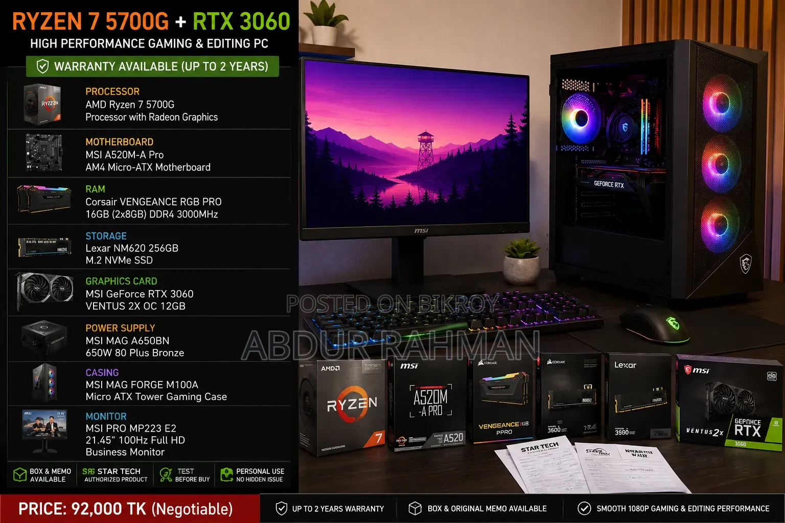 Desktop Computer MSI model 16GB AMD Ryzen 7 SSD 256GB