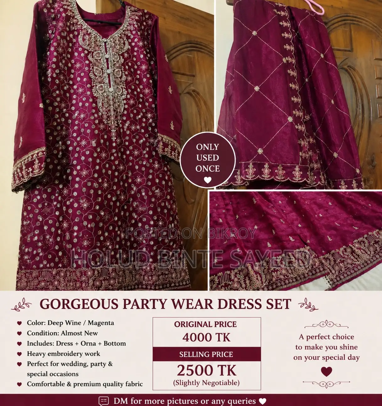 Only Used Once | Heavy Embroidered Party Wear Dress Set | 2500 Tk
