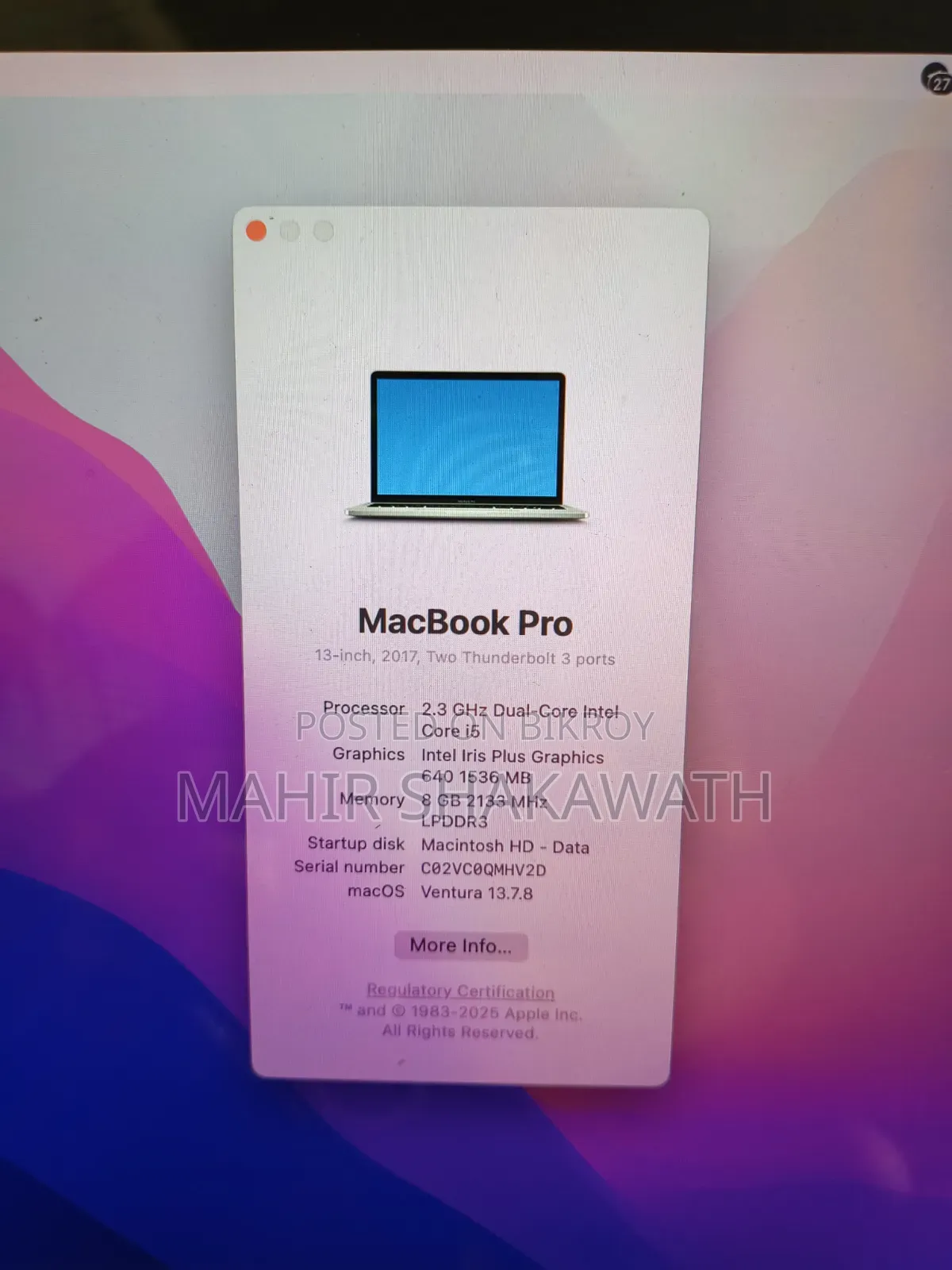 Laptop Apple MacBook Pro 2017 8GB Intel Core I5 HDD 128GB