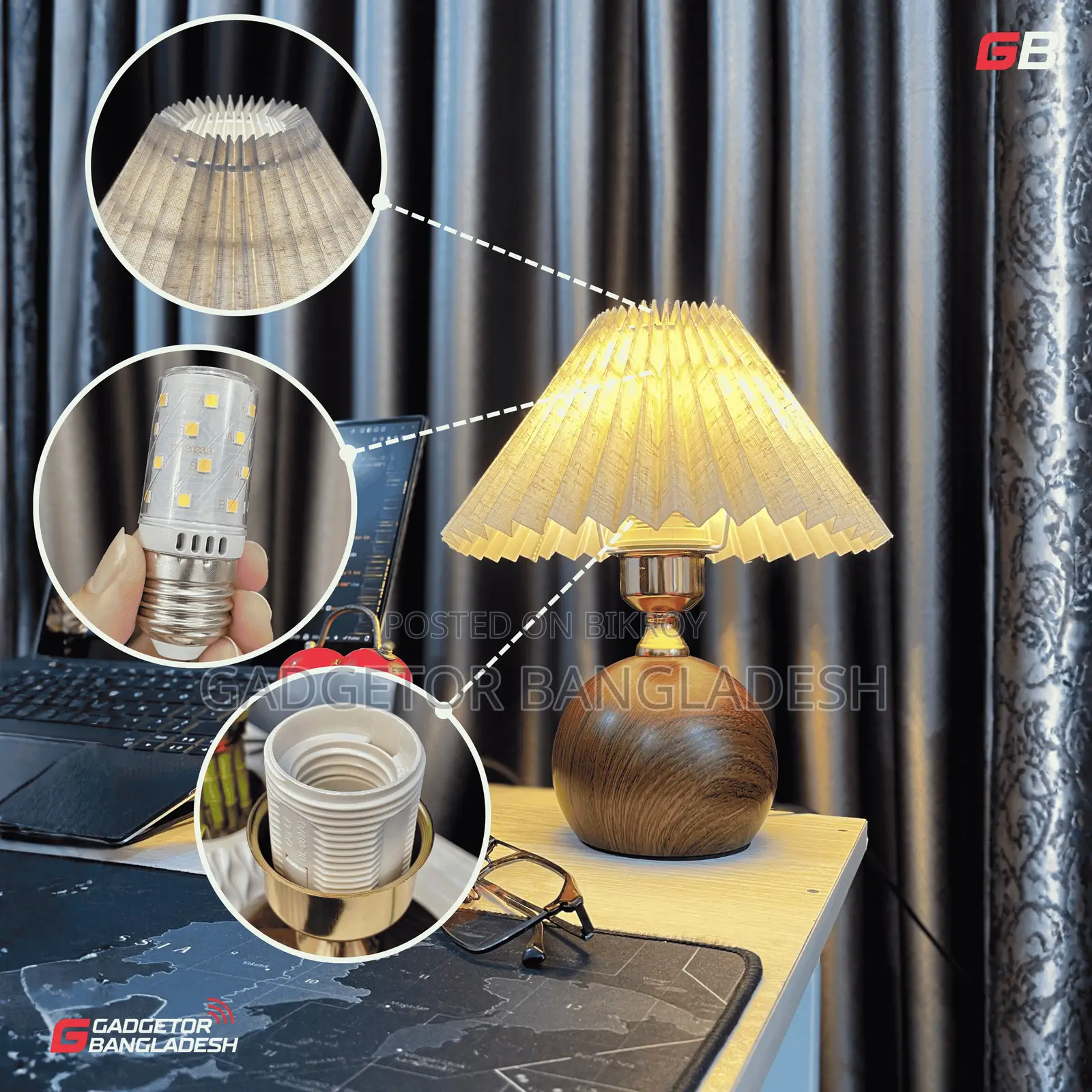 Premium Wooden Base Pleated Table Lamp