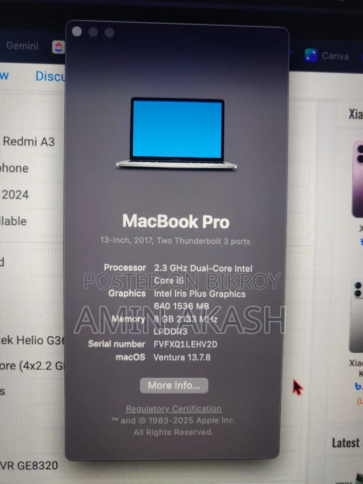 Laptop Apple MacBook Pro 2017 8GB Intel Core i5 SSD 256GB