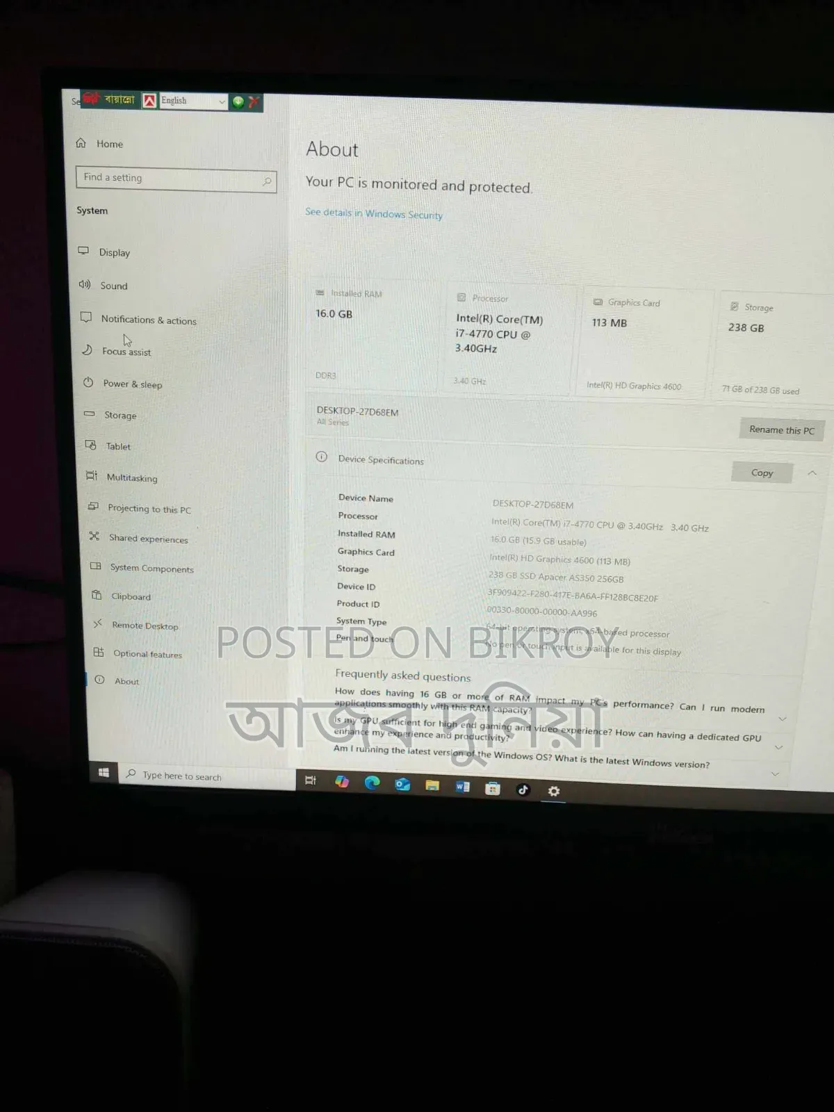 Desktop Computer Asus 16GB Intel Core i7 SSD 256GB