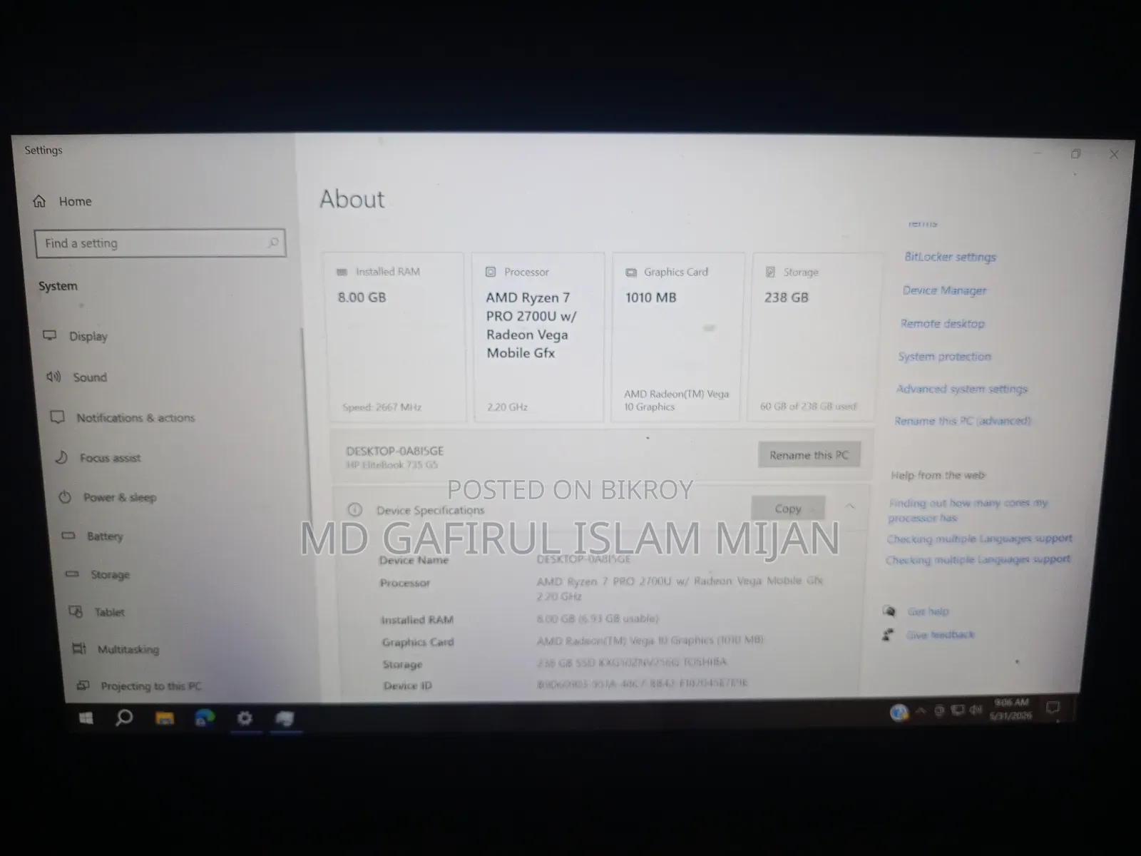 Laptop HP EliteBook 735 G5 8GB AMD Ryzen 7 SSD 256GB