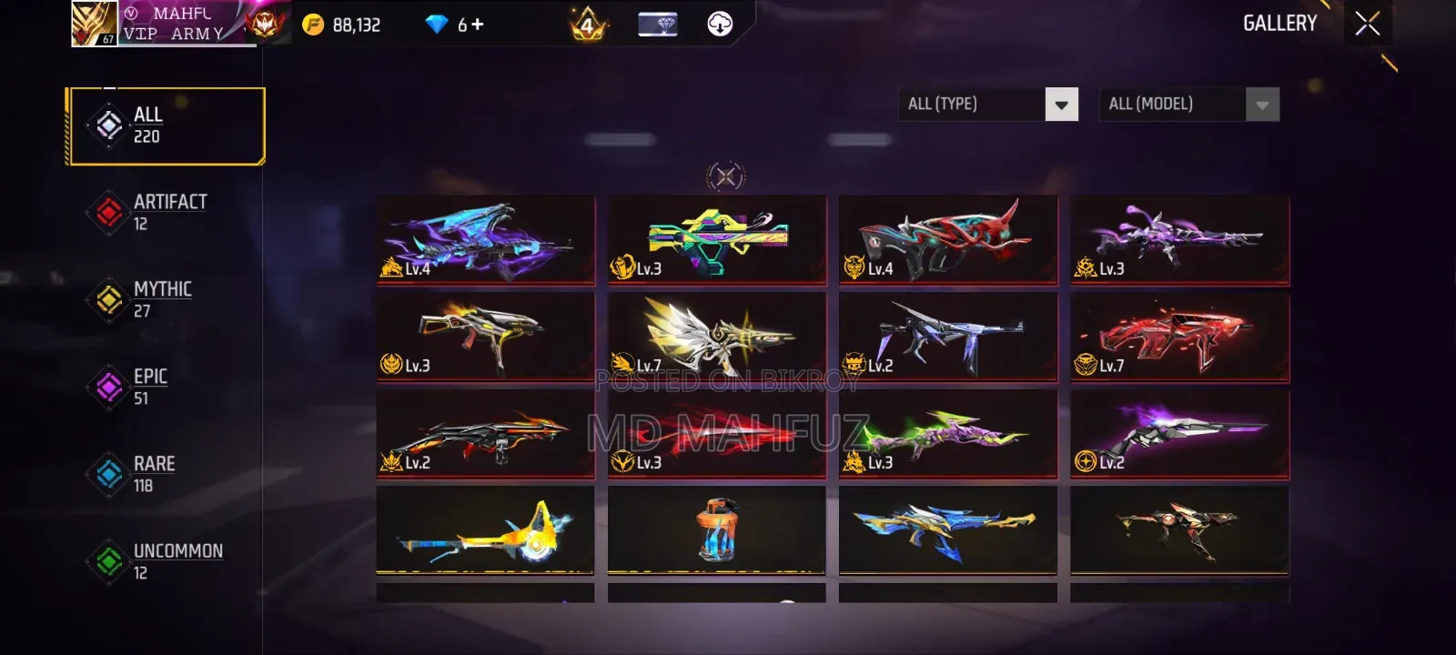Free Fire account with 12 Evo guns