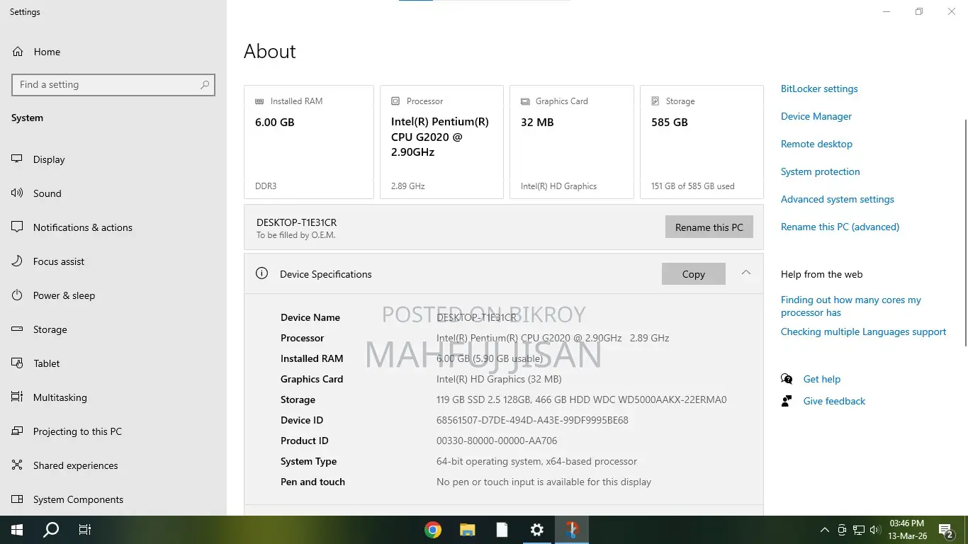 Desktop Computer 6GB Intel HDD 128GB