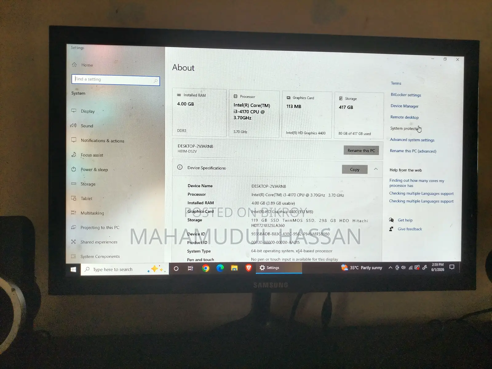 Desktop Computer 4GB Intel Core I3 SSD 128GB