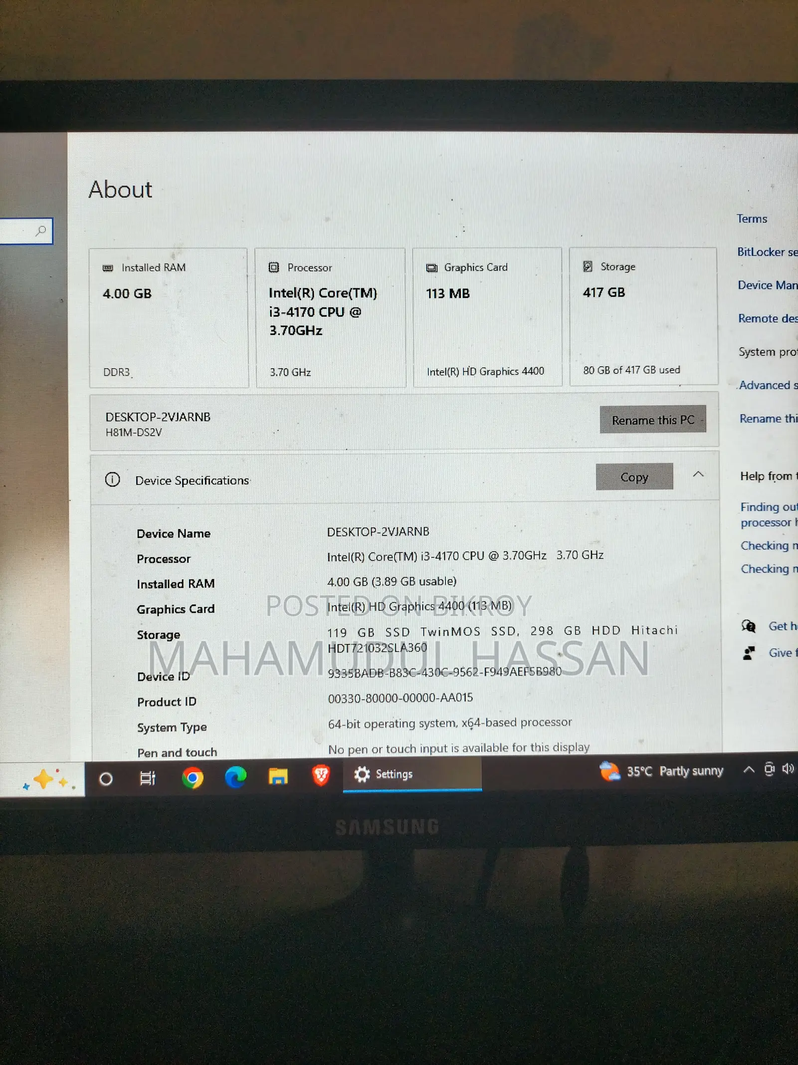 Desktop Computer 4GB Intel Core I3 SSD 128GB