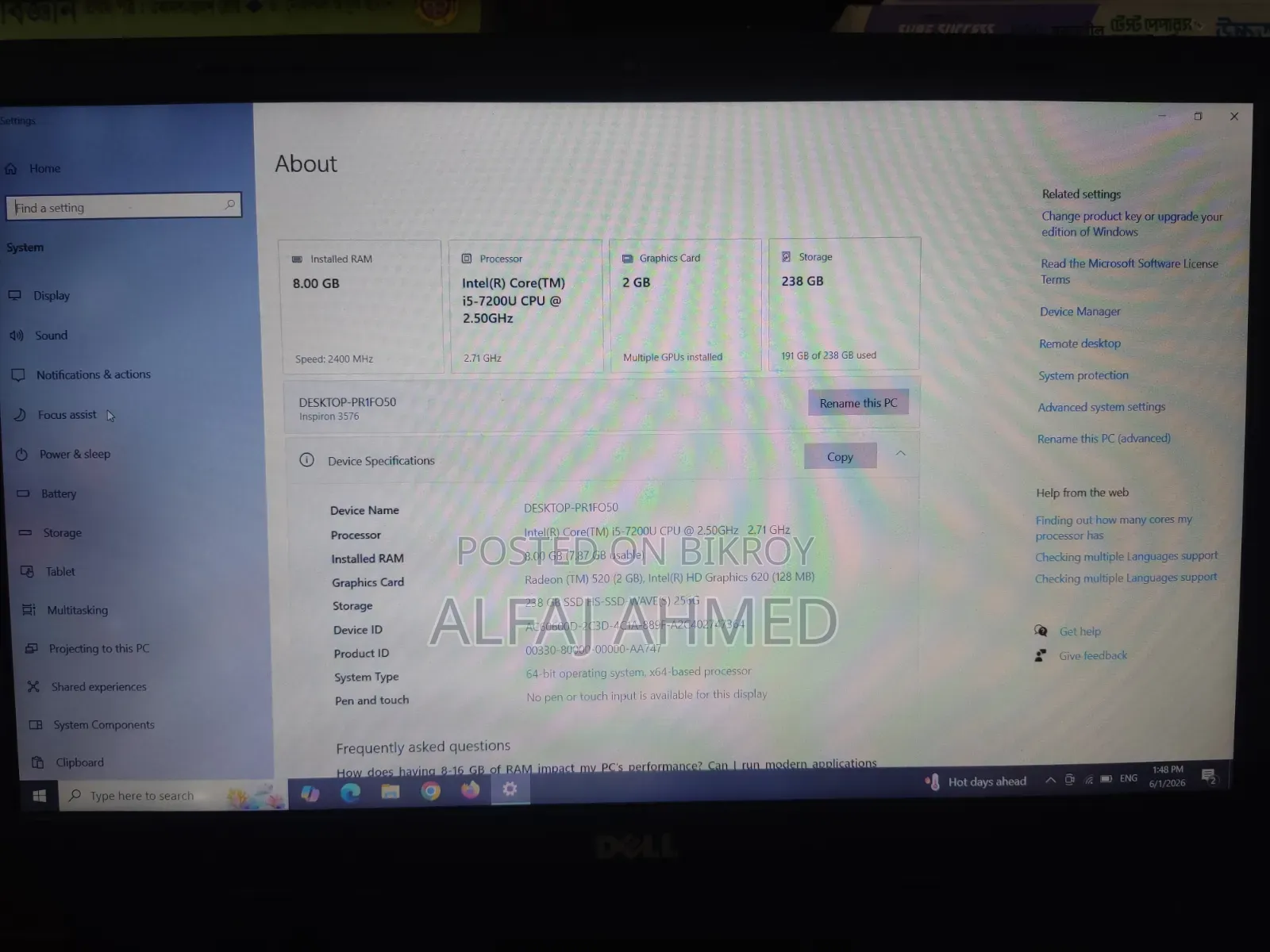 Laptop Dell Inspiron 15 8GB Intel Core I5 SSD 256GB