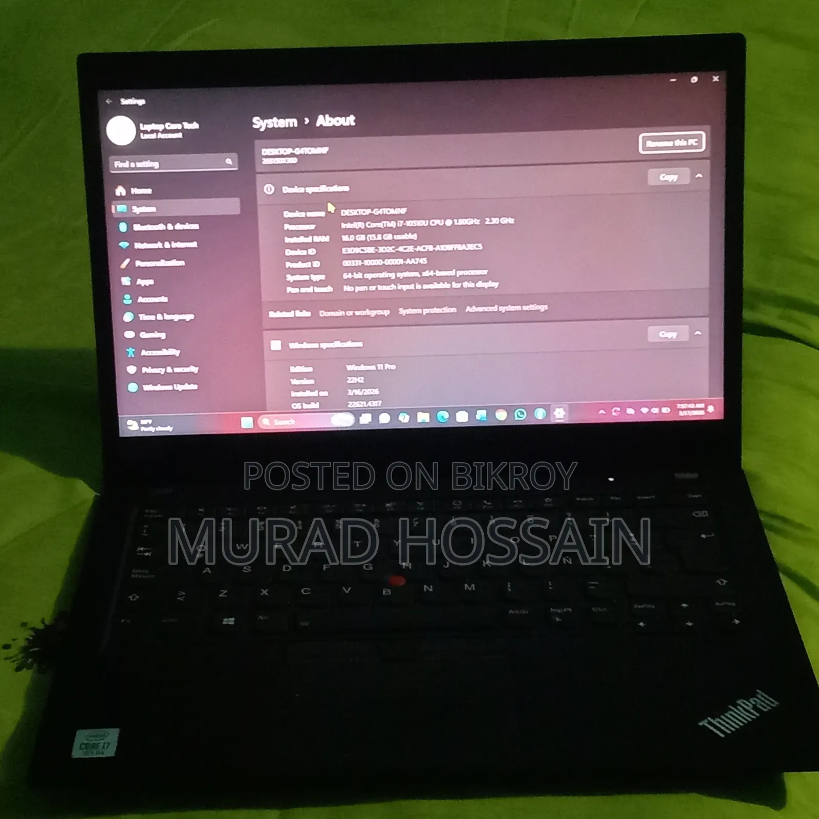 Laptop Lenovo ThinkPad T14 16GB Intel Core I7 SSD 256GB