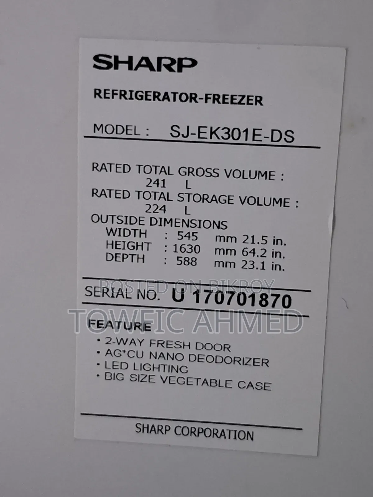 Sharp, Refrigerators