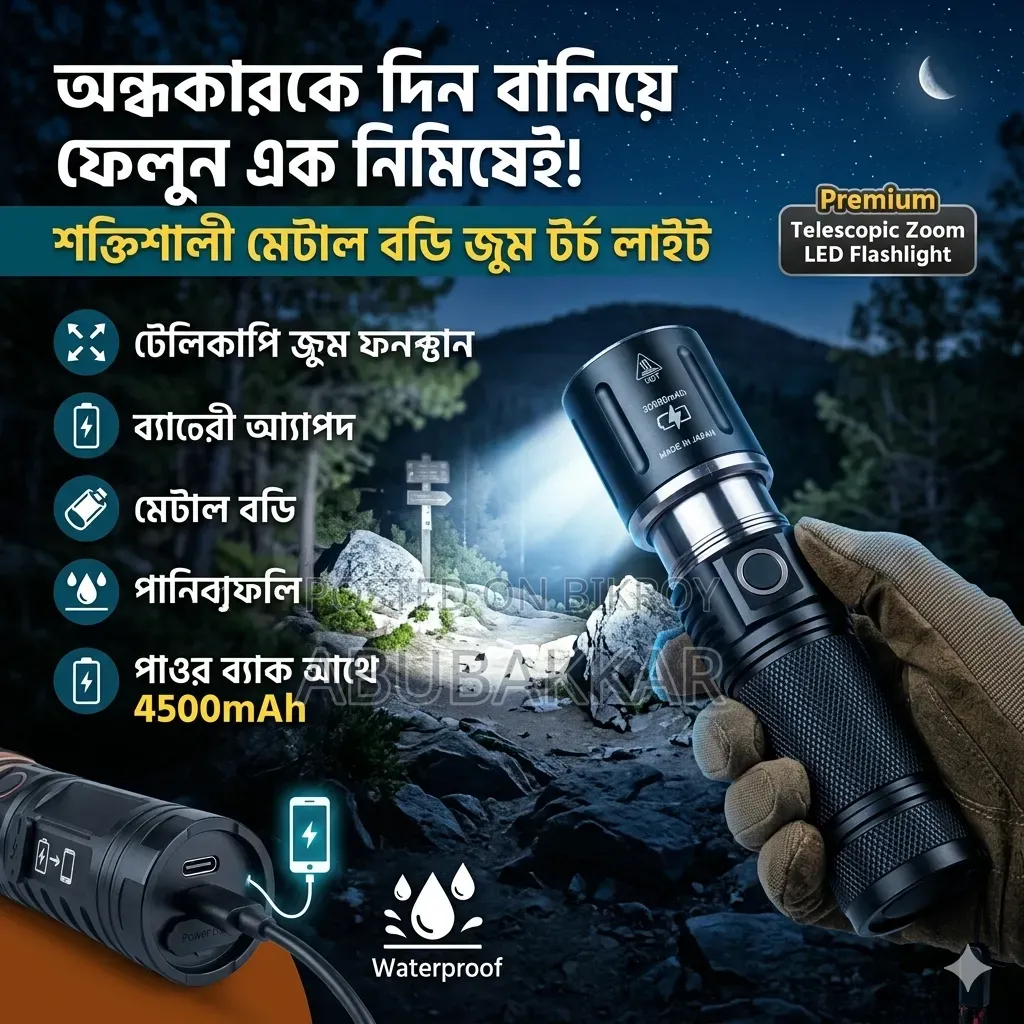 Rechargeable LED Flashlight with Telescopic Zoom and Power Bank Function