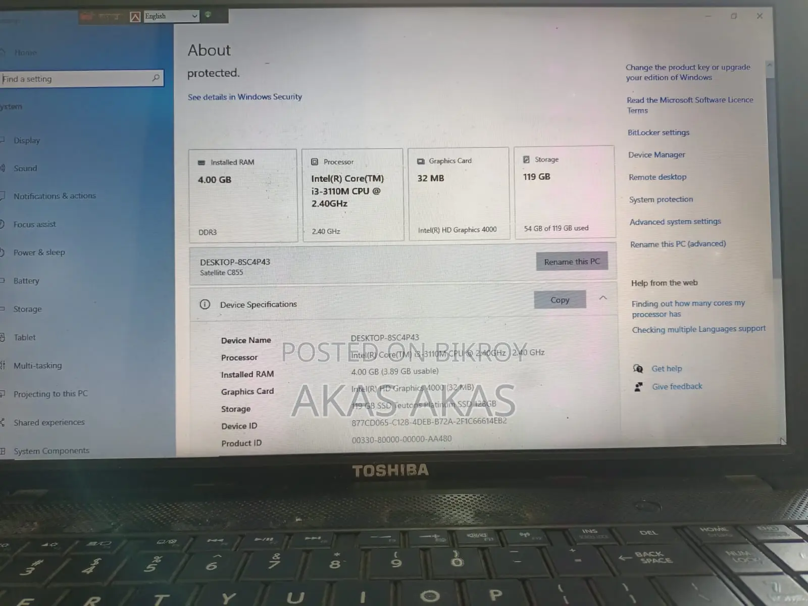 Laptop Toshiba Satellite C855 4GB Intel Core I3 SSD 128GB