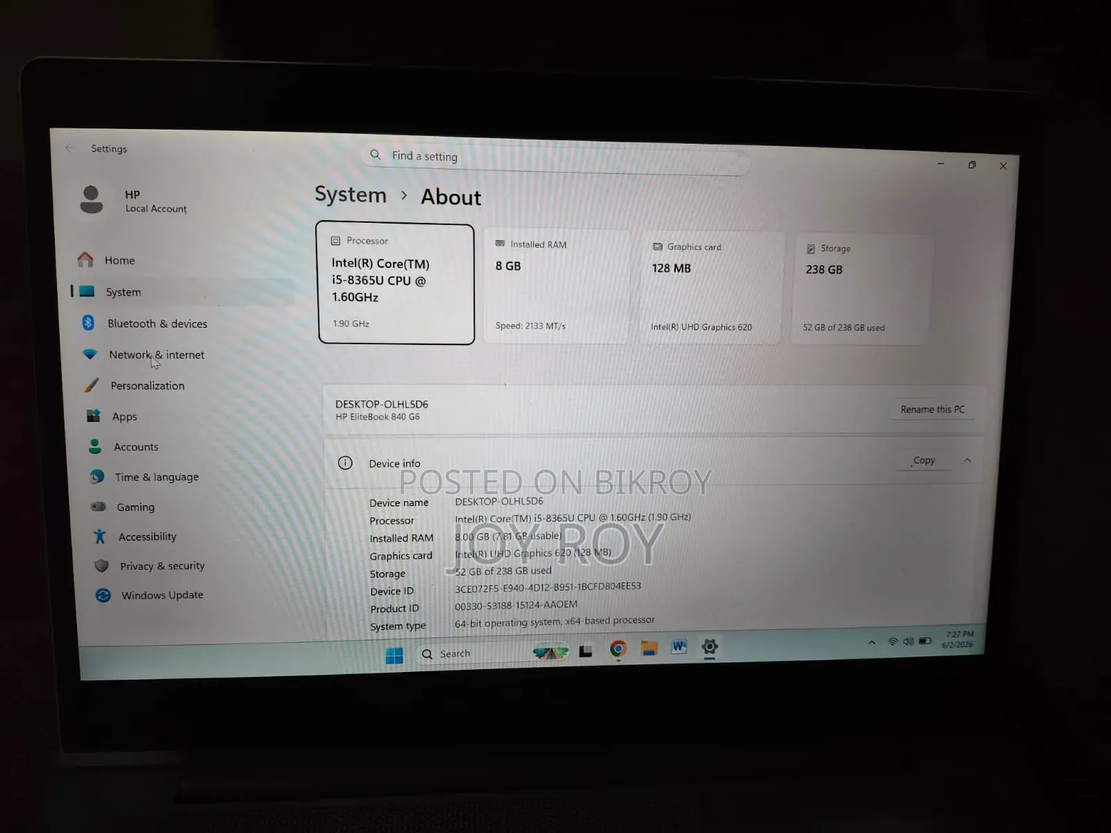 Laptop HP EliteBook 840 G6 8GB Intel Core I5 SSD 256GB
