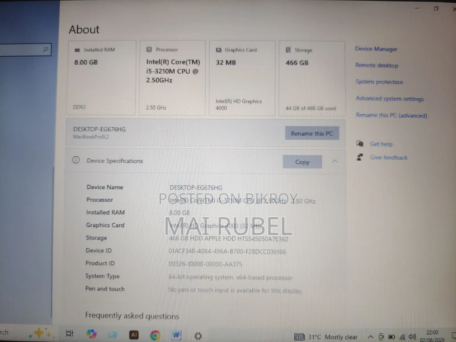Laptop Apple MacBook Pro 2012 8GB Intel Core I5 HDD 500GB
