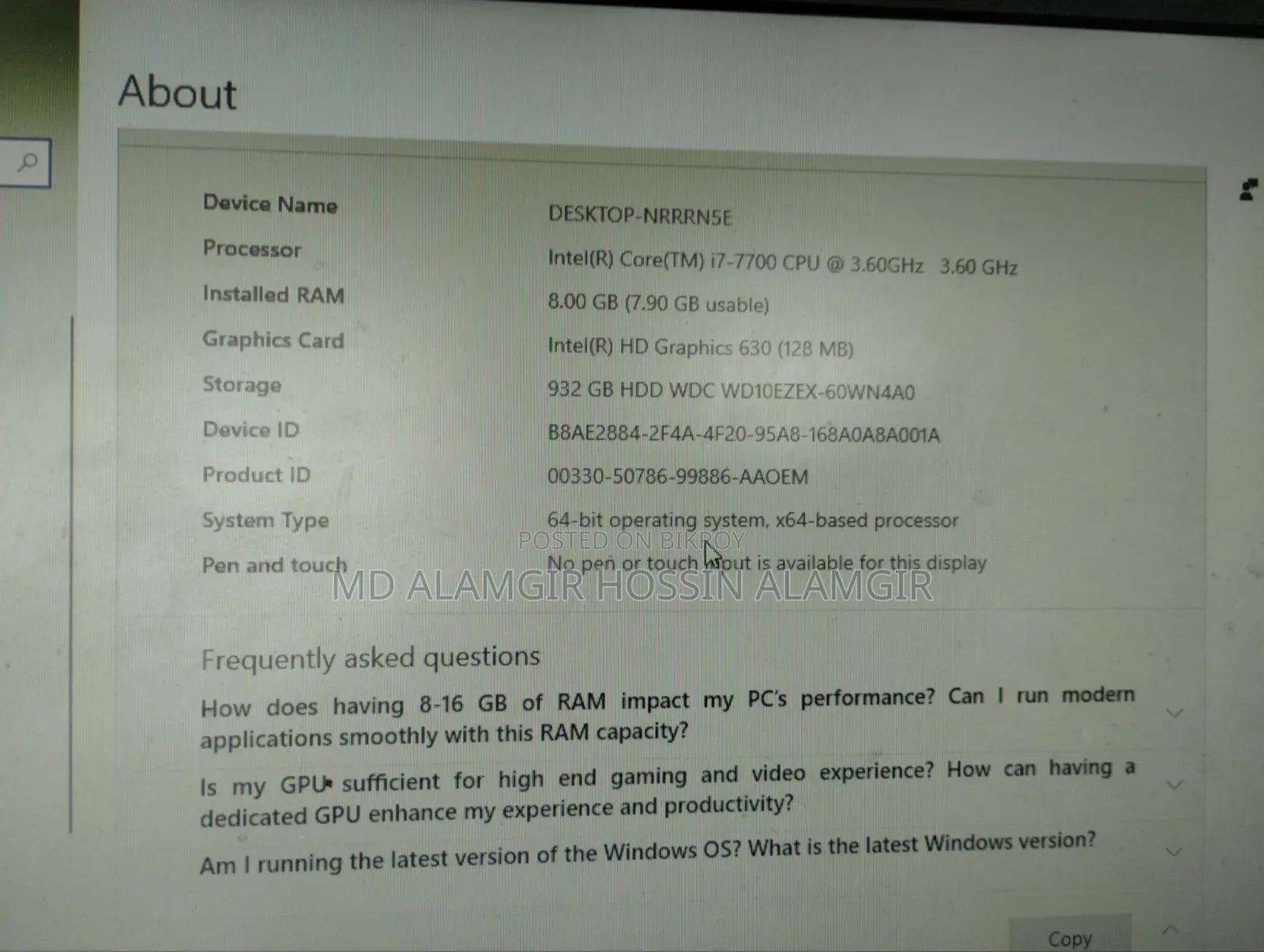 Desktop Computer HP 8GB Intel Core i7 SSD 1T