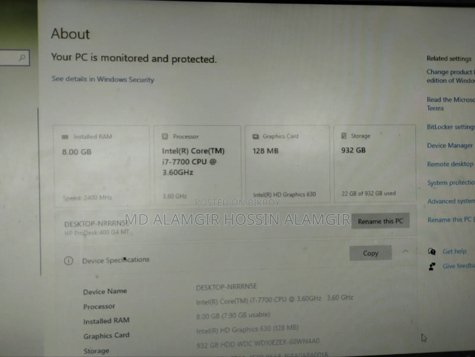 Desktop Computer HP 8GB Intel Core i7 SSD 1T