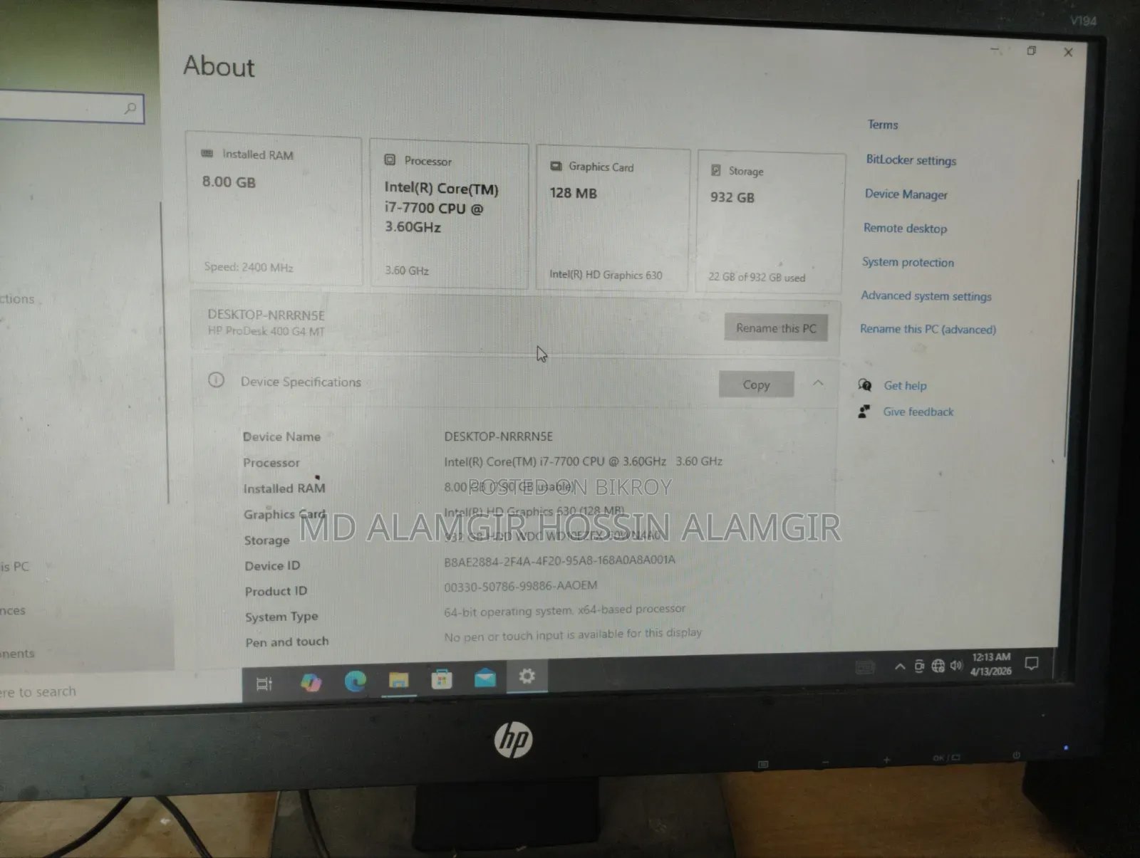 Desktop Computer HP 8GB Intel Core i7 SSD 1T