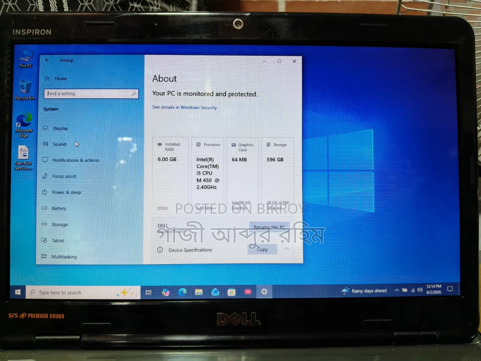 Laptop Dell 6GB Intel Core i5 HDD 640GB
