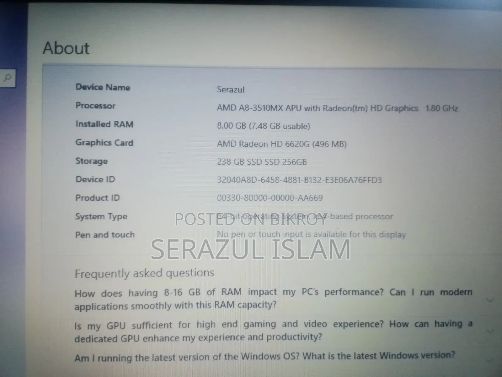 Laptop Samsung 8GB AMD A8 SSD 256GB