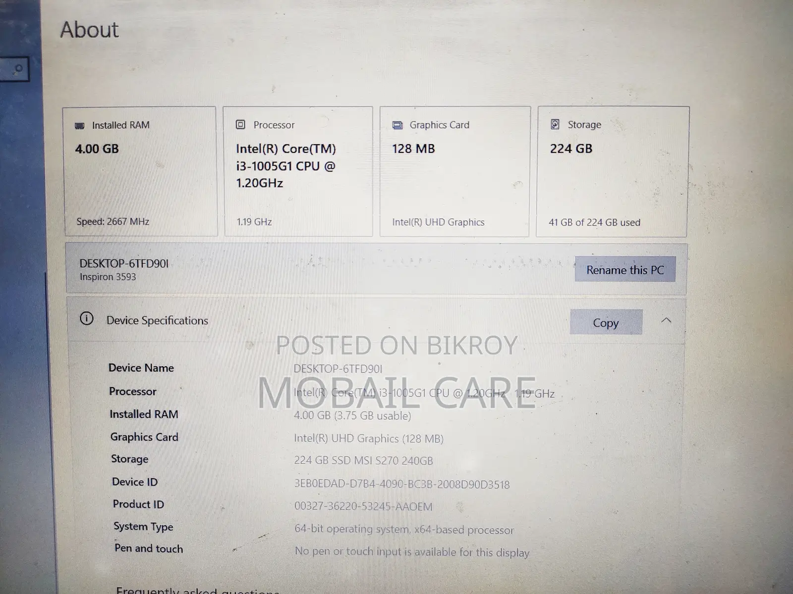 Laptop Dell Inspiron 15 3593 4GB Intel Core I3 SSD 250GB