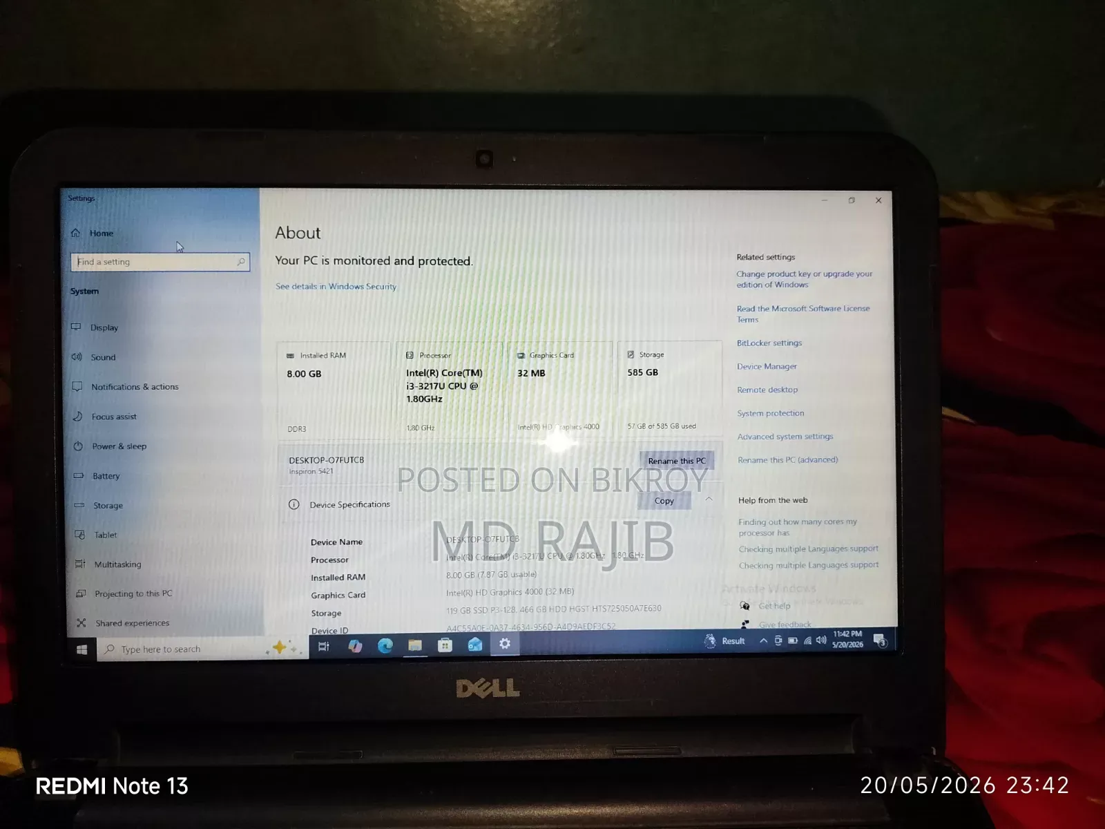 Laptop Dell Inspiron 14 3421 8GB Intel Core I3 HDD+SSD 500GB