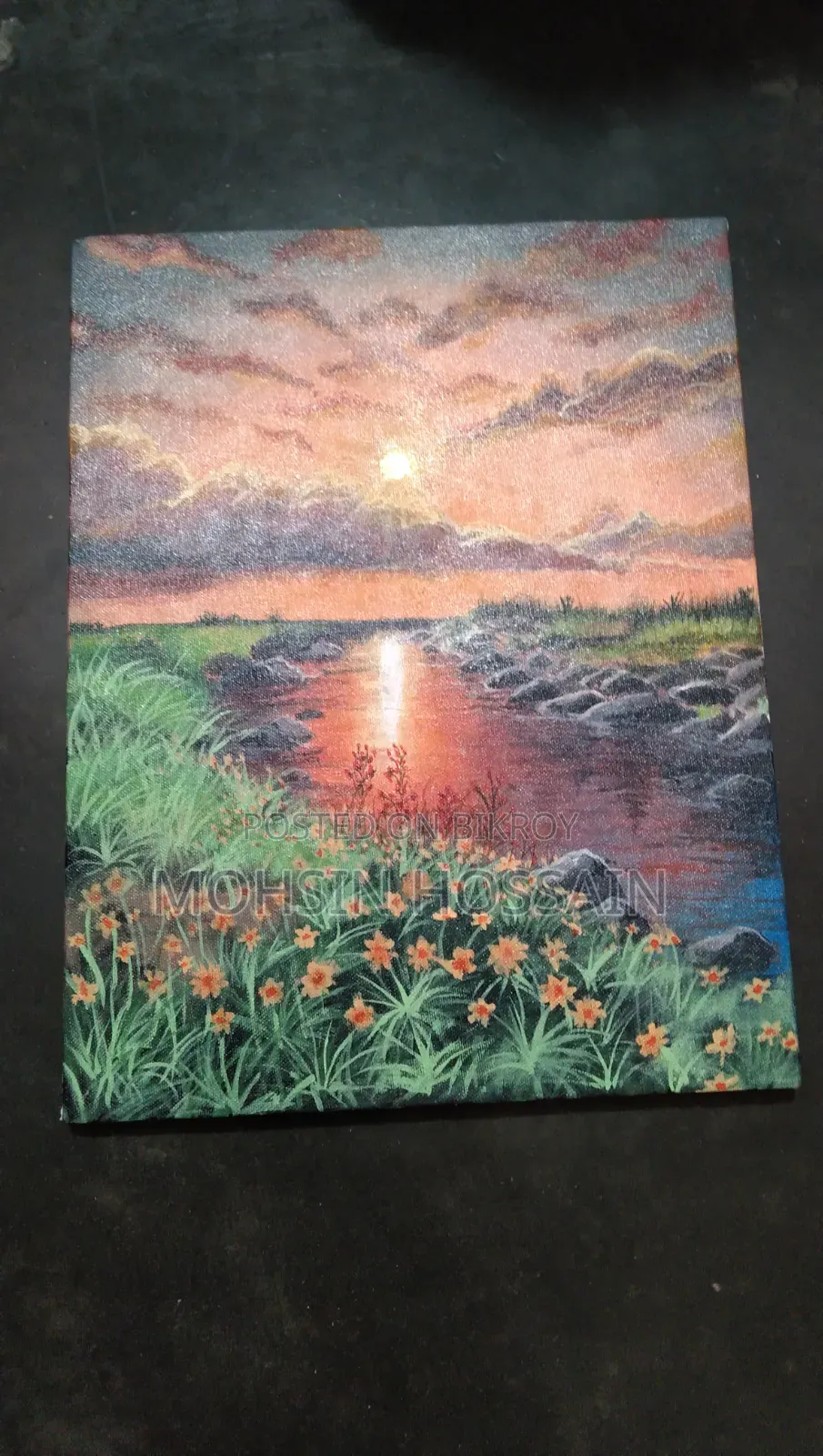 Sunset Painting With River By Acrylic Colour