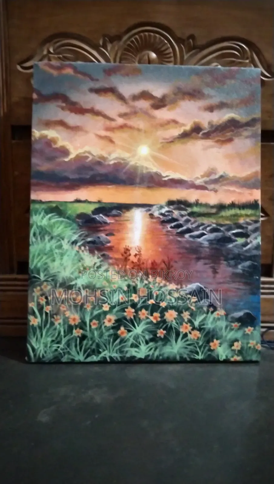Sunset Painting With River By Acrylic Colour