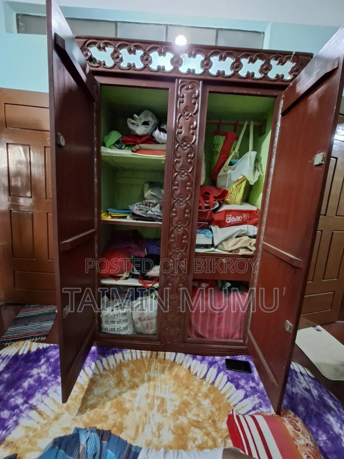 Akashmoni wood wardrobe, dressing table, and clothes rack for sale.