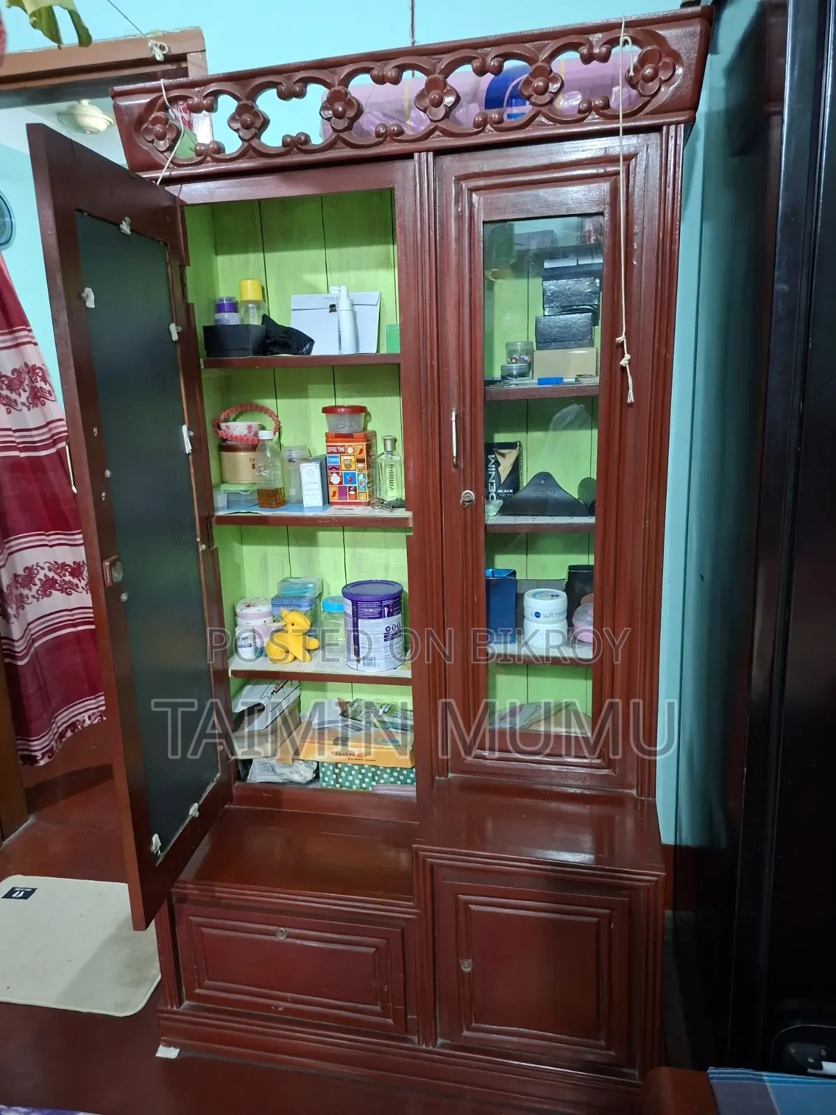 Akashmoni wood wardrobe, dressing table, and clothes rack for sale.