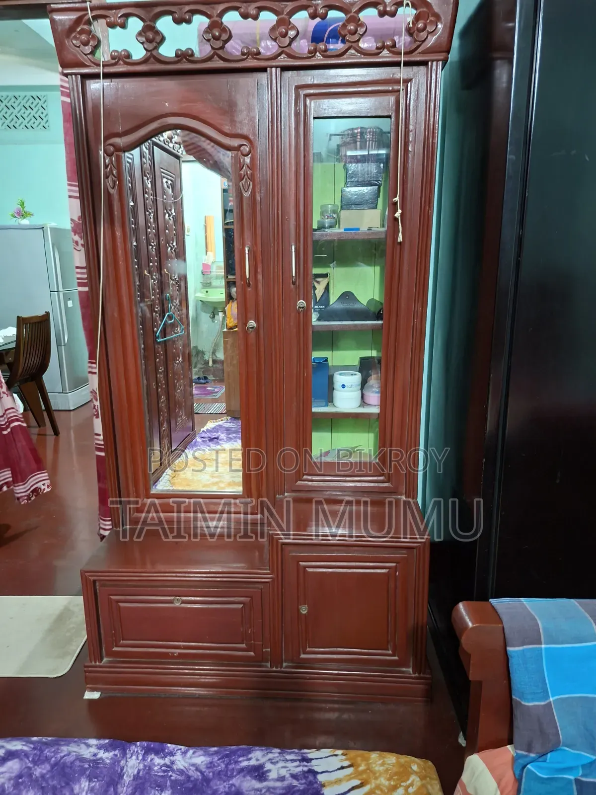 Akashmoni wood wardrobe, dressing table, and clothes rack for sale.